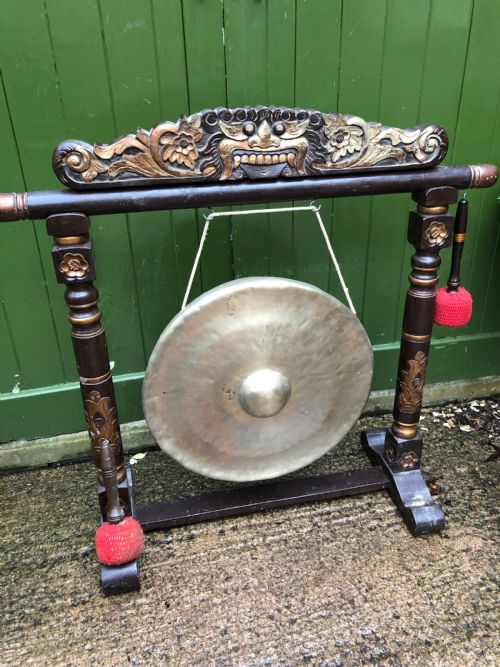 fig 3. Early C20th Chinese temple-style bronze gong on lacquered stand .