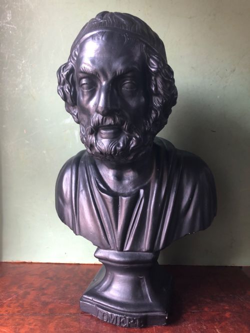 fig 1. Late C19th patinated plaster library portrait bust study of the Greek classical poet , Homer .