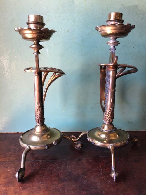 fig 2. Pair of C19th Victorian period gilded and lacquered brass military design candlesticks with sword-hilt bodies .