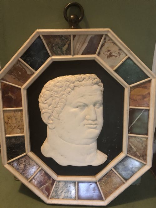 Large Early C20th Italian ‘Grand Tour’ Style Carved Marble Profile in Octagonal Specimen Marble Surround Frame .