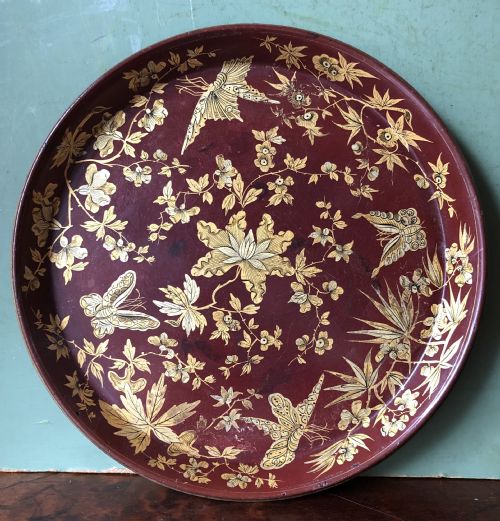 Early C19th Regency Period Maroon and Gilt Papier-mâché Circular Tray by Clay , London.