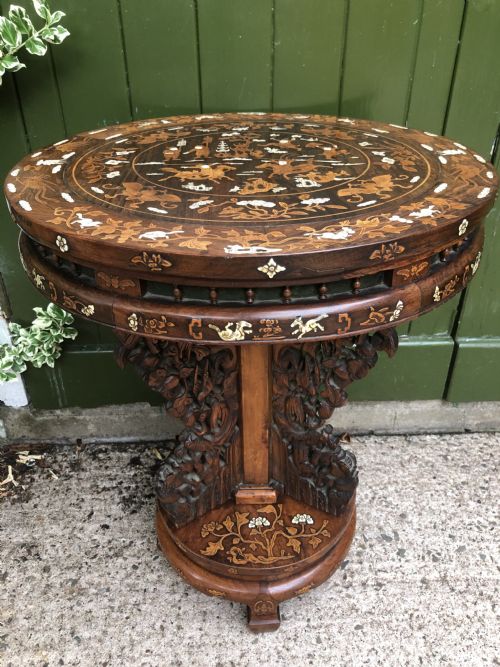 C19th Chinese Hardwood Circular Occasional Table with Ivory and Boxwood Inlay.