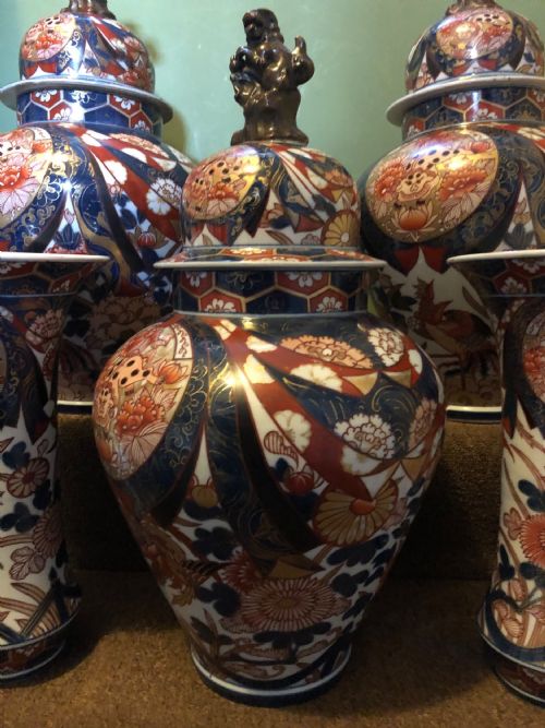 fig 1. Fine late C19th French porcelain Imari pattern 5-piece garniture by Samson , Paris .