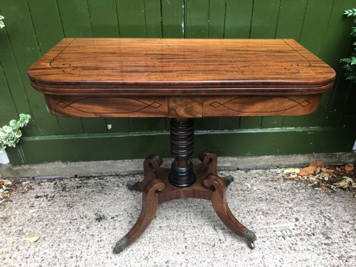 Early C19th Regency Period Mahogany and Ebony String-inlaid Fold-over Card or Games  Table .