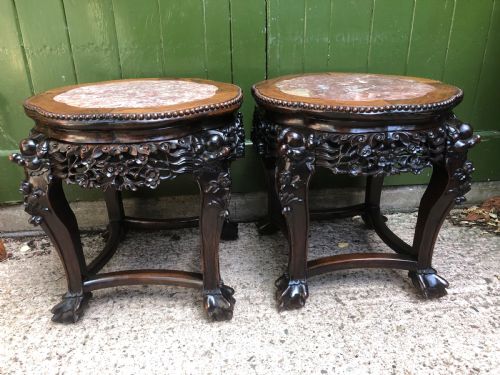 fig 1. Pair of late C19th Chinese Qing Dynasty carved hardwood marble-topped tables or bowl-stands .