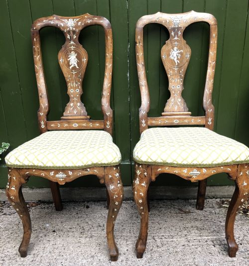 Pair of C18th Italian Ivory-inlaid Walnut Side Chairs.