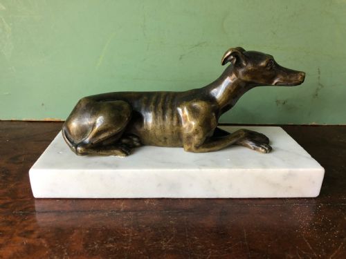 C19th Regency Period Bronze Greyhound or Whippet on Carrara Marble Block Base.