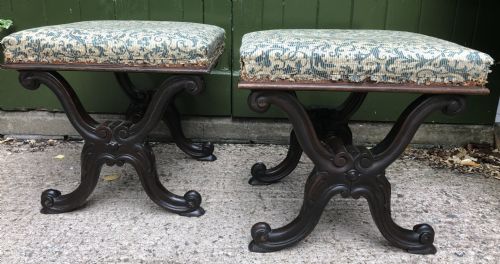 Pair of Early C19th William IV Period Carved  Rosewood Stools of X-frame Form .