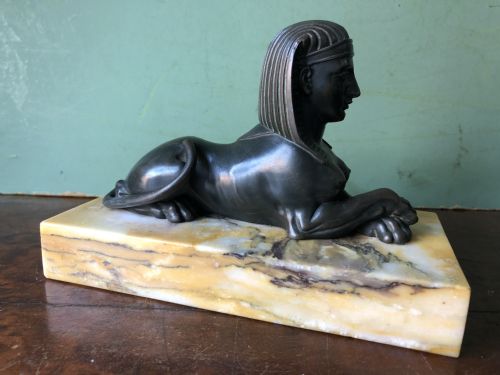 Early C19th Bronze Sculpture of a Sphinx Mounted Upon a Block of ‘Convent Siena’ Marble.
