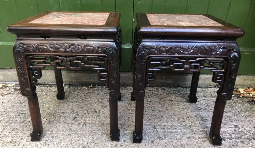 Pair of Late C19th Chinese Qing Dynasty Carved Hardwood Low Jardiniere Stands .