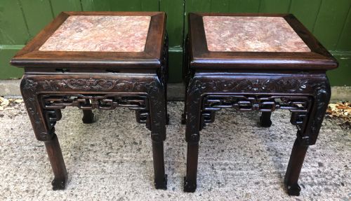 fig 1. Pair of late C19th Chinese Qing Dynasty carved hardwood low jardiniere stands .