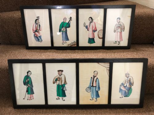 Two Framed Sets of 4 Late C19th Chinese Qing Dynasty Watercolour Studies of Musicians and Court Figures on ‘Pithe’ Paper in Ebonised Frames .