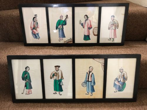fig 1. Two framed sets of 4 late C19th Chinese Qing Dynasty watercolour studies of musicians and court figures on ‘pithe’ paper in ebonised frames .