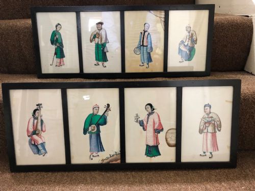 fig 2. Two framed sets of 4 late C19th Chinese Qing Dynasty watercolour studies of musicians and court figures on ‘pithe’ paper in ebonised frames .