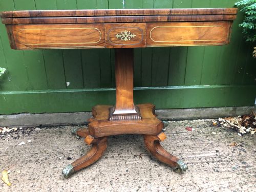 EARLY C19TH REGENCY PERIOD BRASSINLAID ROSEWOOD FOLDOVER CARD OR GAMING TABLE - ADDITIONAL PHOTO 1