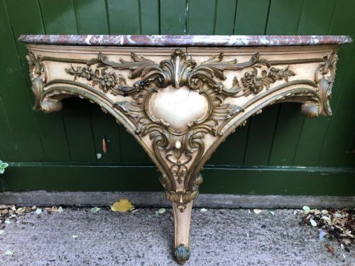 Late C19th/early C20th French Decorated and Parcel-gilt Rococo Style Marble Top Console Table .