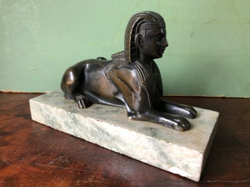 Early C19th Bronze Sculpture Study of a Sphinx Mounted on a ‘Verde Mare’ Marble Base.