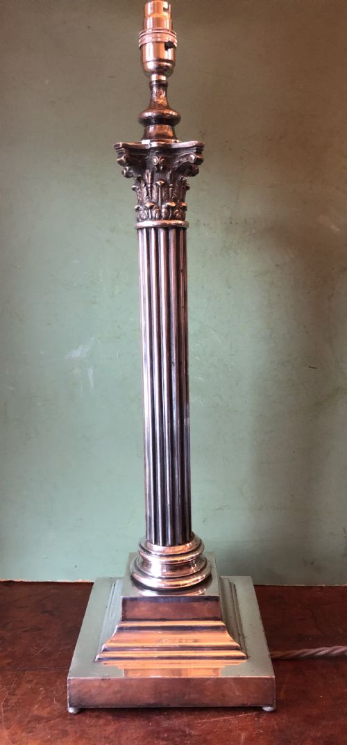 Late C19th/ Early C20th Silver-plated Table Lamp of Classical Reeded Column Form with a Corinthian Capital Top .