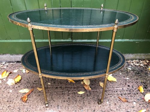Late C19th/early C20th Brass and Leather 2-Tier Oval Etagere .