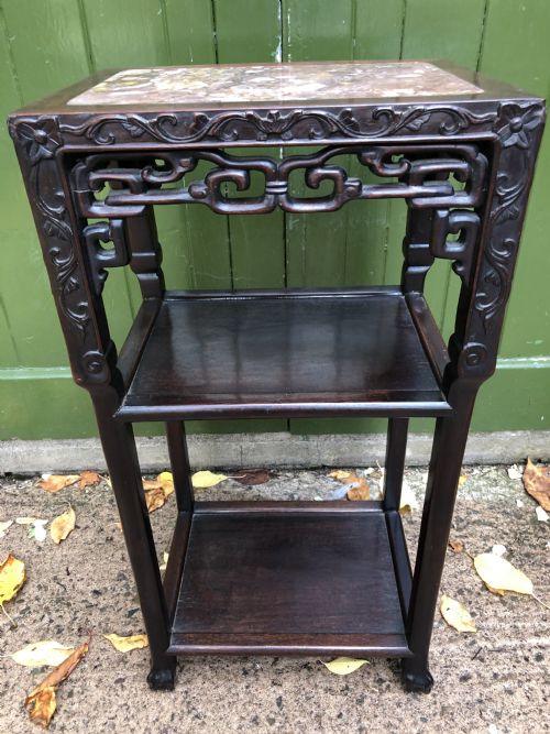 Late C19th Chinese Qing Dynasty Carved Hardwood Marble Inset Top 3-Tier Table .