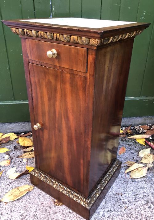 Early C19th Italian Mahogany and Carved Parcel-gilt Marble-topped Pedestal Bedside  Cupboard.