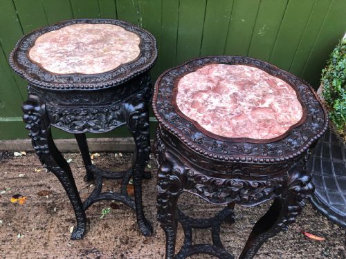fig 3. Large-scale matched pair of late C19th Chinese Qing Dynasty carved hardwood urn stands .