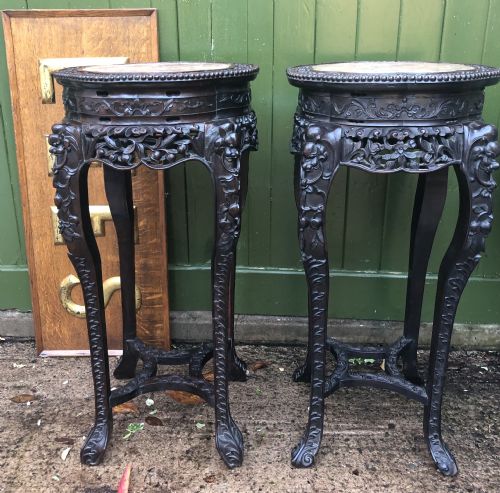 fig 1. Large-scale matched pair of late C19th Chinese Qing Dynasty carved hardwood urn stands .