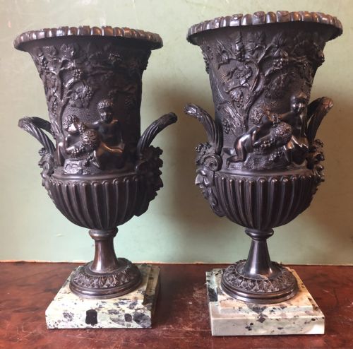 Pair of Mid C19th Italian Classical Design Bronze Vases Decorated with Bacchanalian Scenes .