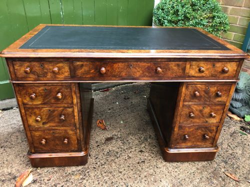 Mid C19th Victorian Period Burr Walnut Pedestal Writing Desk .