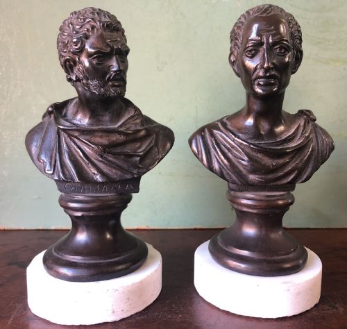 Pair of C19th Italian Bronze ‘Grand Tour’ Souvenir Bust Studies of the Roman Emperors Caracalla and Julius Caesar .