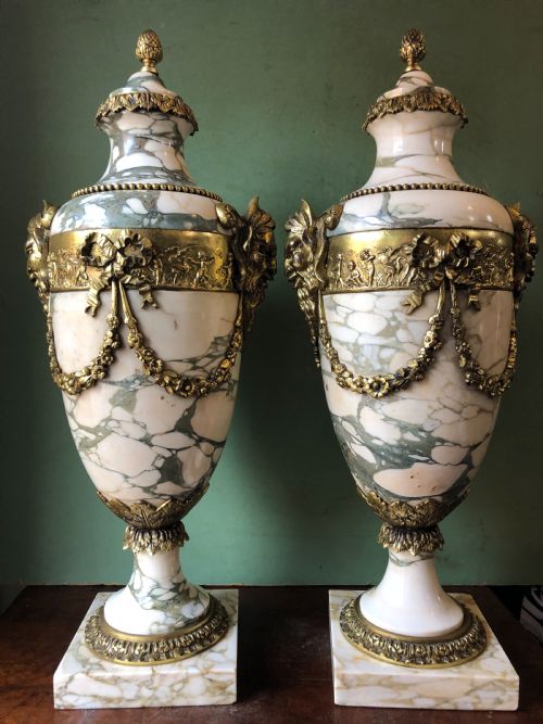 fig 1. Impressive large scale pair of late C19th French ormolu mounted marble vases or cassolettes in the Louis XVI style .