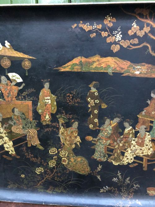 fig 2. Decorative mid C19th Japanese papier-mâché rectangular tray of good large scale.