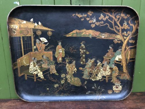 Decorative Mid C19th Japanese Papier-mâché Rectangular Tray of Good Large Scale.