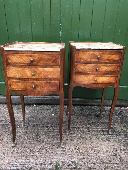 fig 1. Pair of early C20th French kingwood bedside table with marble tops .