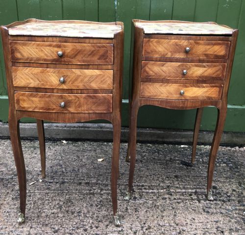 Pair of Early C20th French Kingwood Bedside Table with Marble Tops .