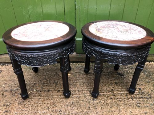 Pair of Late C19th/early C20th Chinese Qing Dynasty Carved Hardwood Rouge Marble Topped Circular Tables .