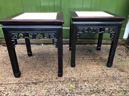 Pair of Late C19th/ Early C20th Chinese Carved Hardwood Square Tables with Inset Marble Tops .
