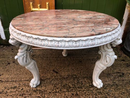 Late C19th Decorated Circular Carved Carved Table with Marble Top on Ancient Roman Style Lion Monopodia Supports.
