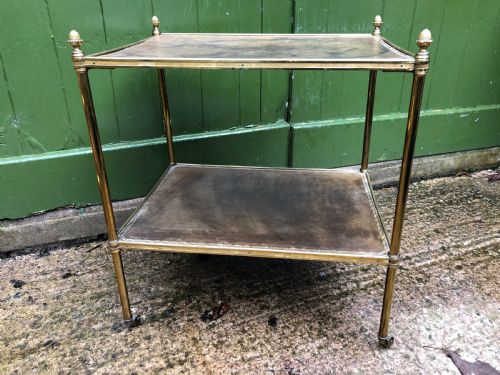 Early C20th Brass-framed 2-Tier Rectangular Etagere with Tooled Leather Shelves .