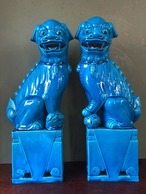 fig 1. Large pair of early C20th Chinese blue turquoise glazed pottery ‘Dogs of Foe’.