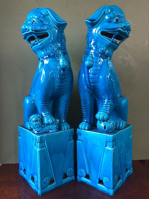 fig 2. Large pair of early C20th Chinese blue turquoise glazed pottery ‘Dogs of Foe’.