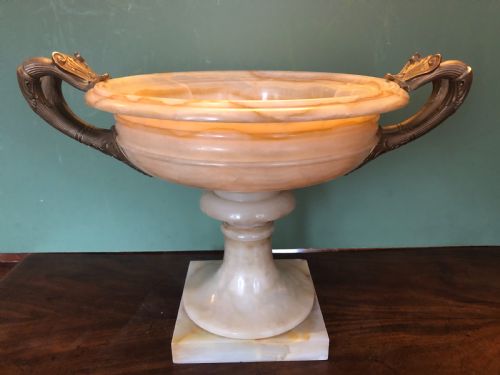 Magnificent Large Late C19th French Classical Grecian-style Egyptian Alabaster Tazza with Gilt-bronze Handles.