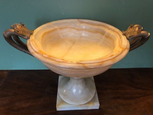 fig 1. Magnificent large late C19th French classical Grecian-style Egyptian alabaster tazza with gilt-bronze handles.
