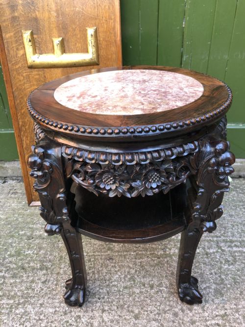 Late C19th Chinese Qing Dynasty Carved Hardwood 2-Tier Jardiniere Stand..
