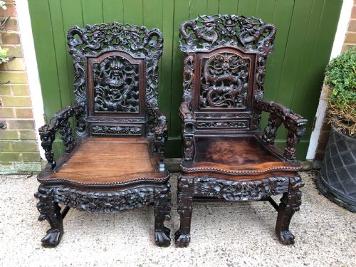 fig 1. Magnificent ‘matched pair’ of late C19th Chinese Qing Dynasty carved hardwood ‘hongmu’ throne-style armchairs.