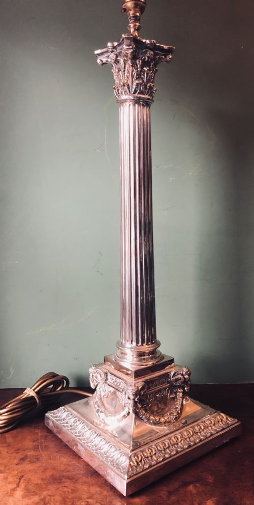 Large Late C19th /Early C20th Silver-plated Corinthian Column Table Lamp by Elkington & Co.