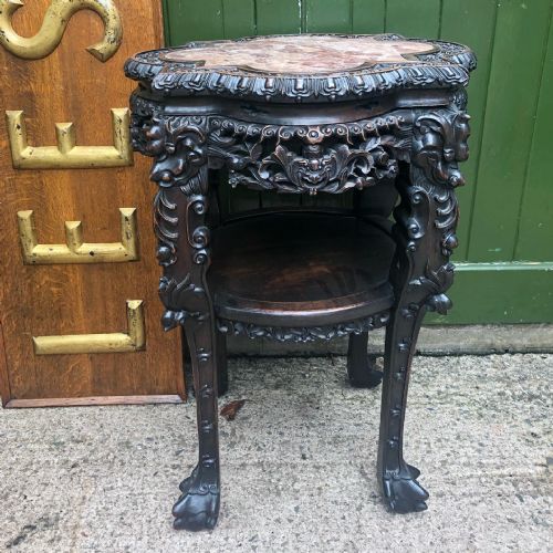 fig 1. Superb quality large-scale late C19th Chinese Qing Dynasty carved hardwood jardiniere stand with rouge marble inset top .