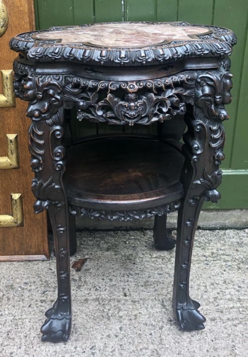 Superb Quality Large-scale Late C19th Chinese Qing Dynasty Carved Hardwood Jardiniere Stand with Rouge Marble Inset Top .