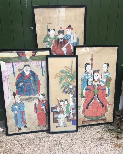 Highly Decorative Collection of 4 Early C19th Chinese Framed Watercolours Depicting Genre / Court Scenes of Varying Sizes.