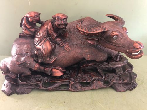 fig 1. Large pair of late C19th Chinese Qing Dynasty carved hardwood water buffaloes and herd-boys .